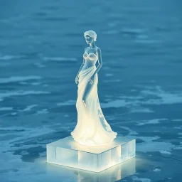 A cinematic miracle scene. An artistic ice sculpture of a woman wearing an elegant, flowing gown stands on an ice block in a frozen sea. The clear ice begins to melt