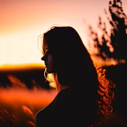 Silhouette of the head of a young lady with long flowing hair in a slight breeze. At sunset in Czech nature.