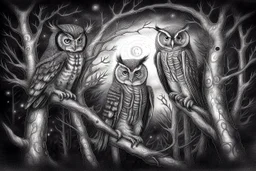 Above, high in the trees, the moonlight reveals a silent flight of owls. These mysterious creatures are the rulers of the night.- Pencil drawing, realistic, graphite