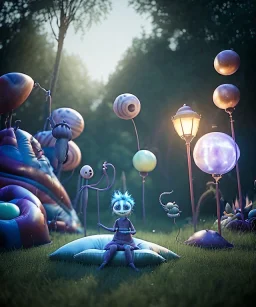 Tim burton photographer, Ultra realistic garden night scene, portrait, wide angle view :: child playing with feather pillows and sweet inflatable monsters, circus dress style, feather color, free jumping, soft color, highly detailed, unreal engine 5, ray tracing, RTX, lumen lighting, ultra detail, volumetric lighting, 3d, finely drawn, high definition.