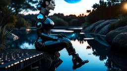 fantasy photo of a woman in an android looking catsuit, with black hair, sitting on a ledge over a pond, wearing an android-looking catsuit, sideways, with a planet behind her