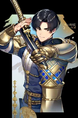 A handsome 30 year old knight, black hair, male bob haircut, in black-and-gold plate armor, golden katana in both hands, no beard, european, proper arms