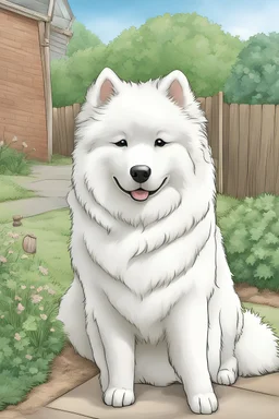 Outline art for coloring page of a Samoyed in a yard, coloring page, white background, Sketch style, eye level, only use outline, clean line art, white background, no shadows, no shading, no color, clear