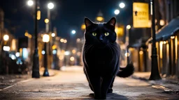 black cat walking night street lights