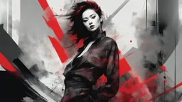 aesthetic, painterly style, modern ink, kurumi, red and dark, sensual, sultry, dark blouse, expressive pose, urbanpunk, abstract texture multilayer background, neo-expressionist , Russ Mills, Ian Miller