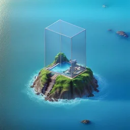 The Isometric Glass Tall Box Mini Model Little Real Island shape smooth Mixed Water Fall Under Ocean Sunshine Summer Background Blue Sea, The Last Of Us / Avatar, Octane Render / ZBrush, Cinematic, IMAX Film, Nikon D750, 16K, Autostereoscopy, Anthropomorphic, Golden Ratio, Geometry, Symmetric, Depth Of Field, Highly Detailed, Ultra Realistic, Beautiful Lighting, Halfrear Lighting, Soft Light, Candoluminescence, Cast Shadow, Reflective, Glow, Translucent, Normal Map, Carbonated --testp