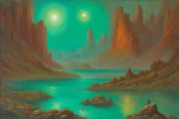 turquoise sky, lake, sci-fi, mountains, galactic cosmic influence, friedrich eckenfelder and hans am ende impressionism paintings