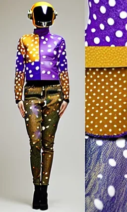 Asa akira as model. Camouflage colors are terracotta, cream and purple, lilac and Cream latex, imperial yellow, red plum. Printed Dots, plants.European daft punk woman. Mantle is sewed of recycled Denim and sewed together of recycled polymer felt. lace, Yellow(Munsell) areas. hint of orange as effect color!!Big bright purple/khaki felt tippet and cream or blue or lilac colored-hood. mantle is merged with satchel. . AKG-style headphones (gold rings!) is merged with felt cap, cyan small visor.