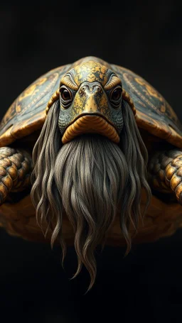 Turtle with human look face and long hair and beard looks like an ancient Sumerian gods