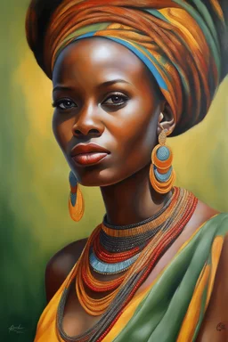 oil painting, in Robert Childress style, ((best quality)), ((masterpiece)), ((realistic, digital art)), (hyper detailed), Upper body Portrait painting of an African girl, in artistic pose, painted by Robert Childress