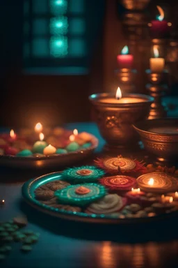 cinematic photo of a stunning Diwali poster with diyas and crackers
