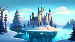 cartoon illustration: a large beautiful frozen lake and next to the lake is a magical castle. The castle is on a hill, surrounded by pine trees.