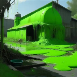 A lime green toxic facility covered in slime painted by Birge Harrison