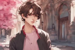 close up headshot portrait of beautiful teenage boy who looks like a girl, brown hair, red eyes, pretty body, pretty legs, perfect face, Wadim Kashin, James Gurney, Ink, splash art, amazing beauty, college courtyard background, has pink accents on clothes, anime style