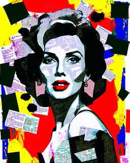 A vibrant and eclectic portrait of a woman, blending the irreverent spirit of Dadaism with the bold, graphic language of Pop Art, featuring a prominent female figure with an enigmatic expression, adorned with collage-like fragments of newspaper clippings, torn paper, and distressed textures, set against a backdrop of clashing colors and disparate patterns, with bold, black outlines and Ben-Day dots, evoking the stylized aesthetic of a 1960s-era advertisement, yet infused with a sense of playful