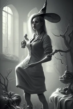 witch with broken leg in hospital, realism, depth of field, professional photo, bw