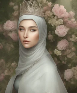 veil head Muslim Princess, covered chest, long hairs black eyes no top with roses, 8k resolution