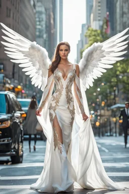 Front view excellent realistic portrait Beautiful Angel straddle wings with covering luxury Victorian dress,walking at new York City street