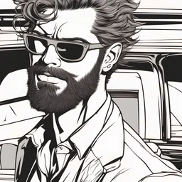 young man with scraggly hair and beard stubble in sunglasses with an evil smirk comic book character