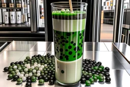 filling the frame edge to edge looking into a tank filled with matcha latte bubble tea, dark tapioca pearls along the bottom against the glass, ice floating at top, no fish, no outside of tank