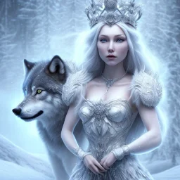 gorgeous goddess of ice and snow wearing a crystalline ice crown and standing next to a beautiful gray wolf, centered in frame, 8k resolution, high-quality, fine-detail, iridescent, intricate, digital art, detailed matte, volumetric lighting, beautiful, illustration, 3D octane render, margaret weiss, brian froud, howard lyon, selina french, anna dittmann, annie stokes, lisa parker, greg rutowski,