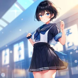 Clear focus,High resolution, Black short fluffy hair, and blue eyes, wearing a sailor uniform, must wear a short skirt with a horizontal line, Blushing