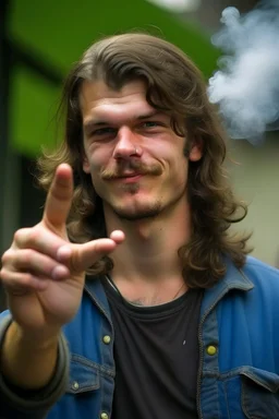 man with a mullet pointing his hand like a gun at the camera while he smokes an' guy burning cigarette