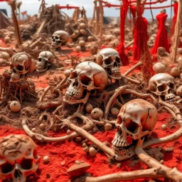 A red rotting wasteland with bones designed in African masks