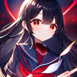 Clear focus, high resolution, black long fluffy hair, red eyes, wearing a dark sailor uniform, holding a red glowing spear