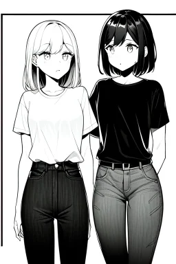 two girls dressed in jeans and a T-shirt walk in the city, line arts, greyscale