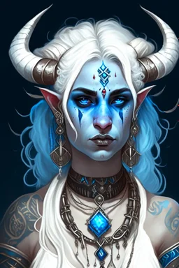 A young tiefling woman with a set of ram horns on her head encrusted with jewels, White-Blonde, medium length hair, black eyes, dressed in white and blue with lots of jewelry, beautiful, tattoos on her neck