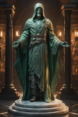 highly detailed marble and jade sculpture of a male necromancer, full body shot, stunning face, hide hands, volumetric fog, Hyperrealism, breathtaking, ultra realistic, unreal engine, ultra detailed, cyber background, Hyperrealism, cinematic lighting, highly detailed, breathtaking, stunning environment