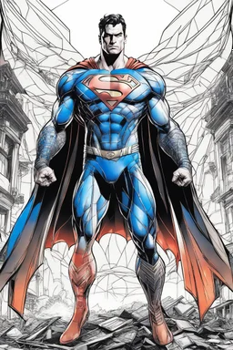 Realistic Outline Art Cinematic Lighting Superman.Advanced Batman High Resolution 3D Photo Cover Art With Witch Destroyed City Background Realistic Drawing Style Full Body Using Outline Mandala Style Clean Line Art Colorful Sky With Stars No Shadows Clear And Good