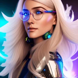 A beautiful portrait of a cute smiling cyberpunk woman, long blond haire, high key lighting, volumetric light high details with white stripes and feathers and blue celtic paterns and futuristic glasses