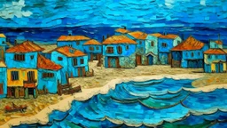 A blue town near a beach designed in Mayan architecture painted by Vincent van Gogh