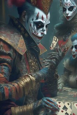 A harlequin character, playing cards with other people , sf, intricate artwork masterpiece, ominous, matte painting movie poster, golden ratio, trending on cgsociety, intricate, epic, trending on artstation, by artgerm, h. r. giger and beksinski, highly detailed, vibrant, production cinematic character render, ultra high quality model