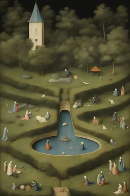 Hieronymus Bosch, A E Marty, Mysterious, bizarre, surreal, bizarre, fantasy, Sci-fi, Japanese anime, symbolic blueprint, garden cut out of the wilderness, inside a box, detailed masterpiece perspectives angles