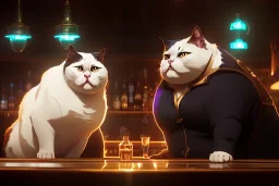 Two beautiful fat cats in a bar, high-quality, fine-detail, intricate, digital art, detailed matte, volumetric lighting, dynamic lighting, 3D octane render, Marc Adamus, Ann Prochilo, Romain Veillon,