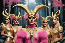 (art by Philippe Druillet's Délirius, for a film from a 1970s movie by Mil Mascaras) surrounded by models with golden and pink goat outfit, with pink lipstick and tattoos : A satanic ritual in the forest: they like biodiversity. The leader: she has a goat skull mask