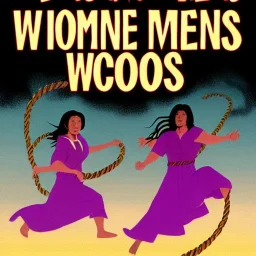 Two women skipping with a rope, demons and angry gods fight in the background, in the style of a Michael Moorcock book cover.