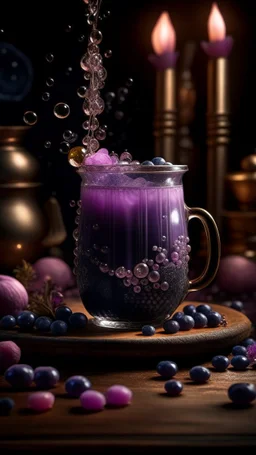 witch's brew, bubble tea, crystal glass, beverage, standing on table in witch's hut, magical, cute, girly, purple, pink, tapioca pearls are glowing stars and moons, magic symbols, magic flowers and plants, photo realistic, hyper detailed, studio photo, intricate details, highly detailed, Miki Asai Macro photography, close-up, hyper detailed, trending on artstation, sharp focus, studio photo, intricate details, highly detailed, by greg rutkowski