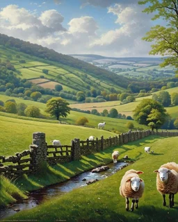 beautiful rolling hills and fields, with stone fences, small stream and sheep, of the Bakewell in England. Gorgeous lush green grass and trees.