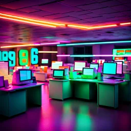 Unsettling office, neon lights, signs, empty, a computer is running, liminalcore, windows 95 logos, supermarket