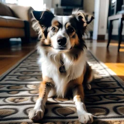 A dog sitting on a mat, looking at the camera