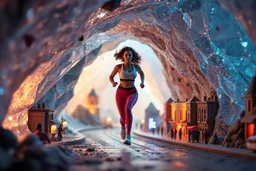 make a video pretty crystal cave covered with jewells and CIFI jewell lights and miniature city buildings and miniature people and streets, a beautiful fashion model lady with cute,curvy hair,makeup, in pretty sports suit is running inside cave ,dynamic camera fallow her inside cave capturing full body, dynamic lights.