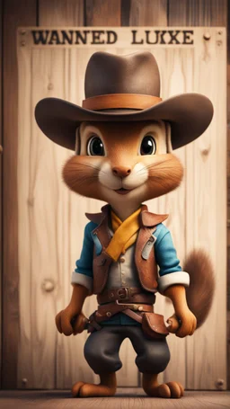 wanted poster on wooden wall depicting a handsome cute cowboy Lucky Luke squirrel ninja,bokeh like f/0.8, tilt-shift lens 8k, high detail, smooth render, down-light, unreal engine, prize winning