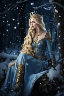 Elven princess,elven crown,long blonde golden hair,rapunzel hair,ice flowers,beautiful,light blue,dark blue,golden armor,sparkle,glitter,ice flowers,snow,elven ears,dark fairy princess