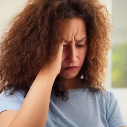 A woman who looks like she has just had a bad day. She is tired and stressed out. Her hair is frizzy and her eyes look as if they have seen better days. She is wearing a t-shirt and jeans.