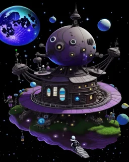 A purplish periwinkle space station in a galaxy filled with planets designed in Javanese shadow puppets