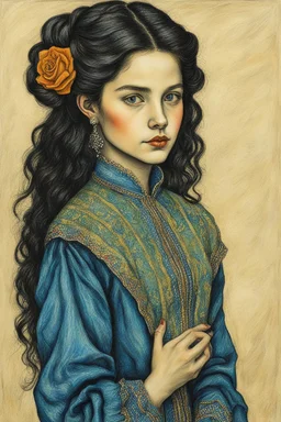 create a 3/4 profile full body oil pastel of a dark haired, , raggedly dressed, Romanian fortuneteller vampire girl with highly detailed , sharply defined hair and facial features , in the style of JEAN-FRANCOIS MILLET and MARY CASSATT